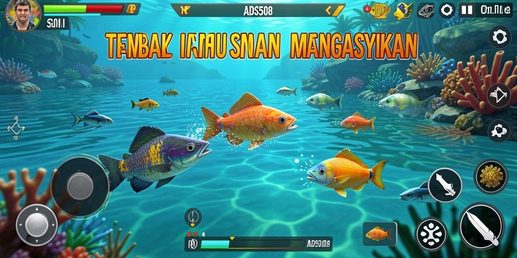Tampilan gameplay seru Tembak Ikan di ADS508 dengan ikan berwarna-warni.