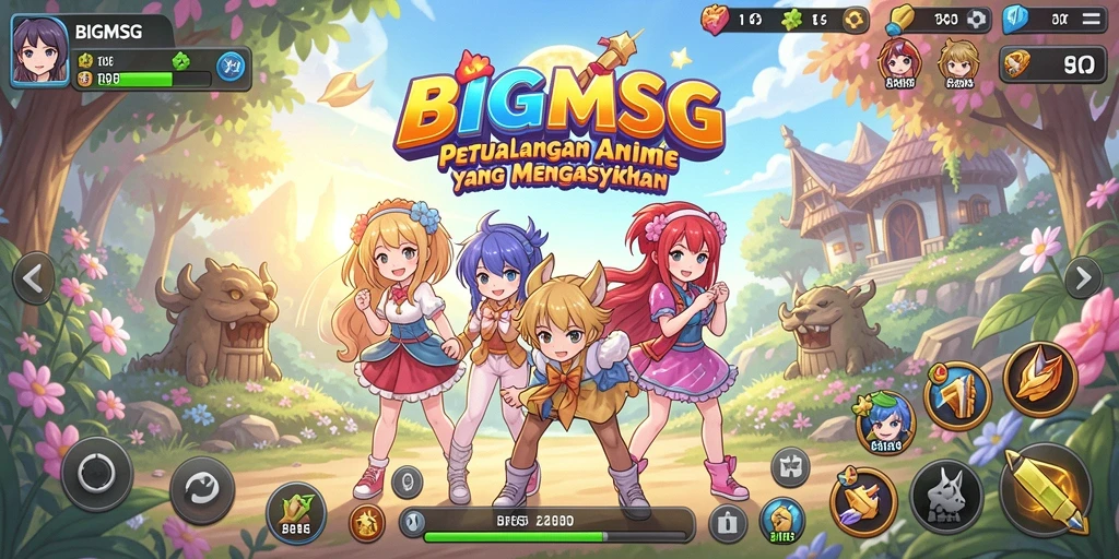 Tampilan gameplay BIGMSG yang menampilkan aksi seru dan karakter anime.