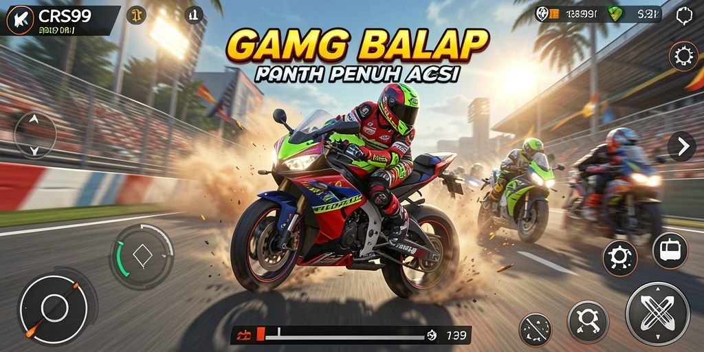 Tampilan gameplay seru di <strong>CRS99</strong> dengan balapan motor yang mendebarkan.