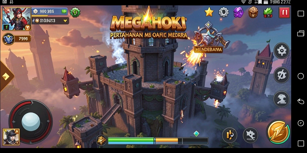 Screenshot gameplay MEGAHOKI memperlihatkan pertahanan menara yang strategis.