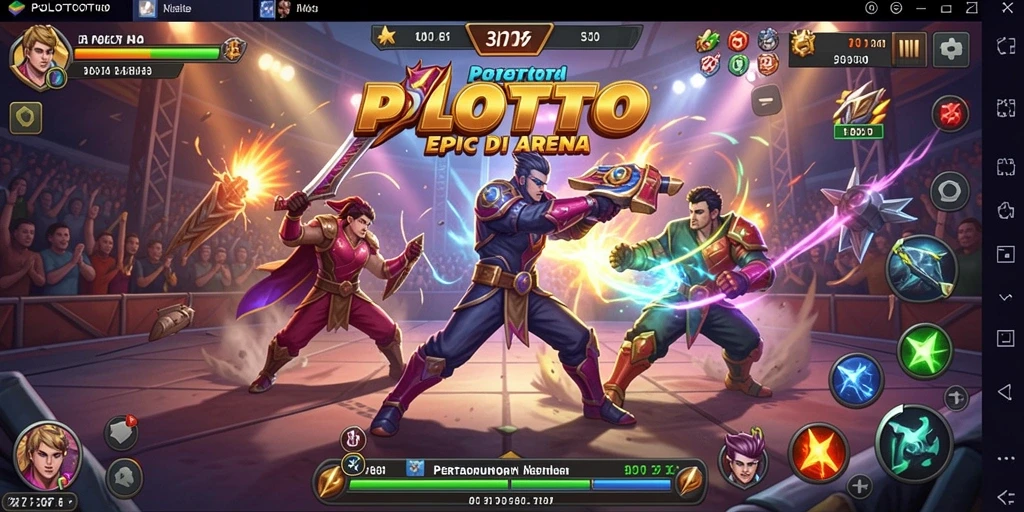 Screenshot utama POLOTOTO menampilkan pertarungan seru dengan karakter unik.