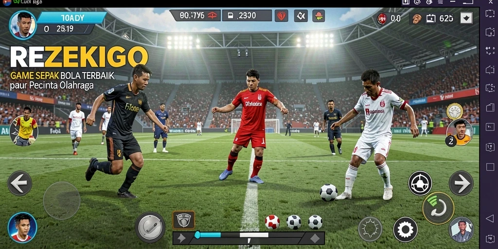 Screenshot gameplay REZEKIGO menunjukkan aksi penuh dalam sebuah pertandingan sepak bola.