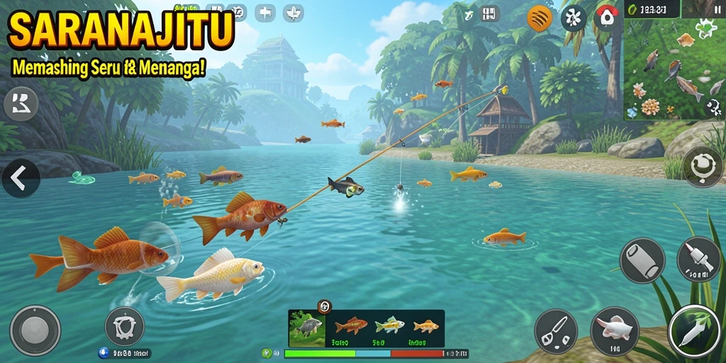 Gameplay SARANAJITU yang menampilkan pengalaman memancing yang menakjubkan.