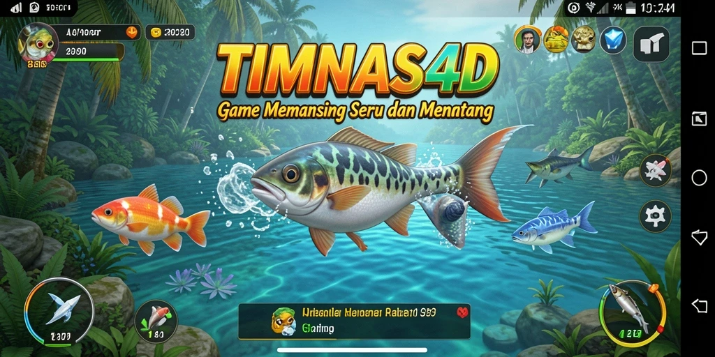 Screenshot gameplay TIMNAS4D menampilkan aksi memancing yang intens.