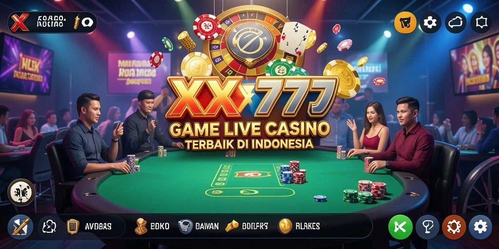 Tangkapan layar XXX777 menampilkan dealer langsung dan atmosfer kasino yang hidup.